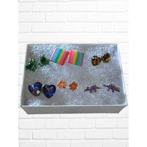 Kids Girls Fashion Earring 6 Pair Lot Post Style Frog Flowers Dino Rainbow Mix